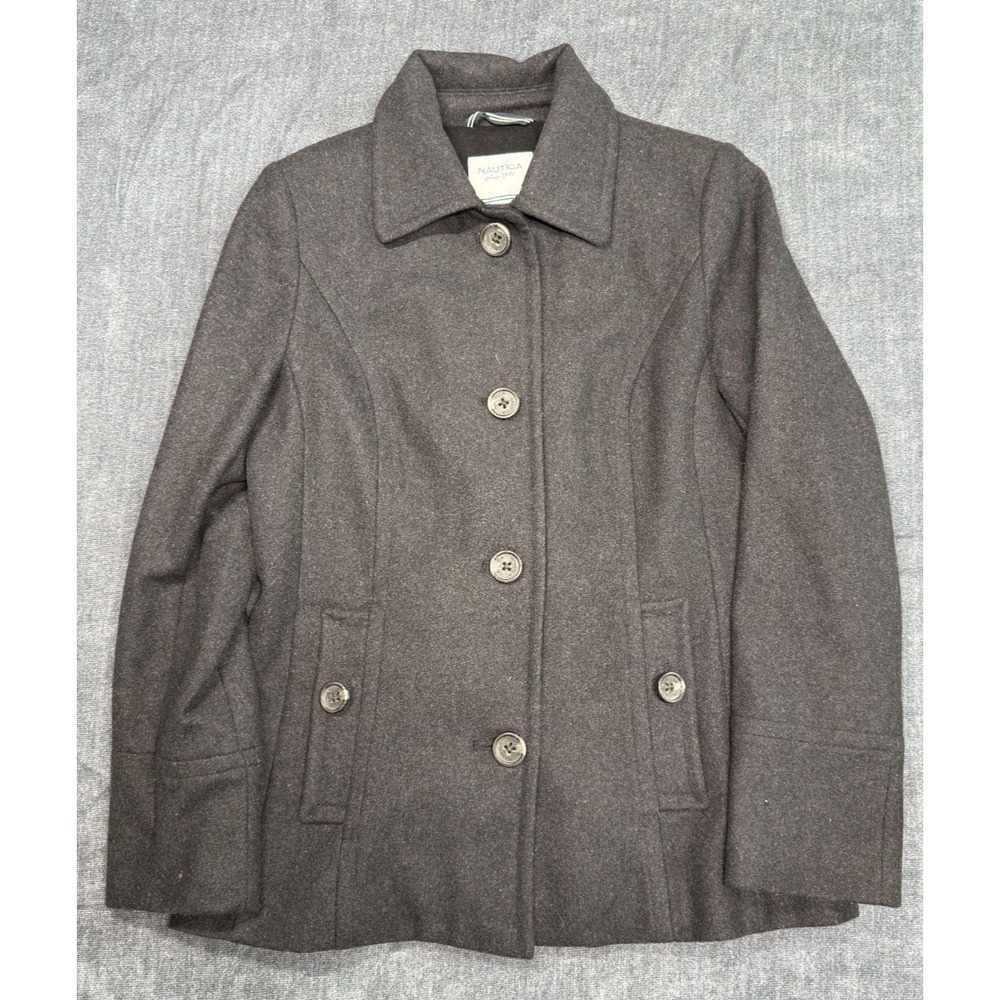 Nautica Wool Blend Peacoat Jacket Womens Large Gray Button Front Coat